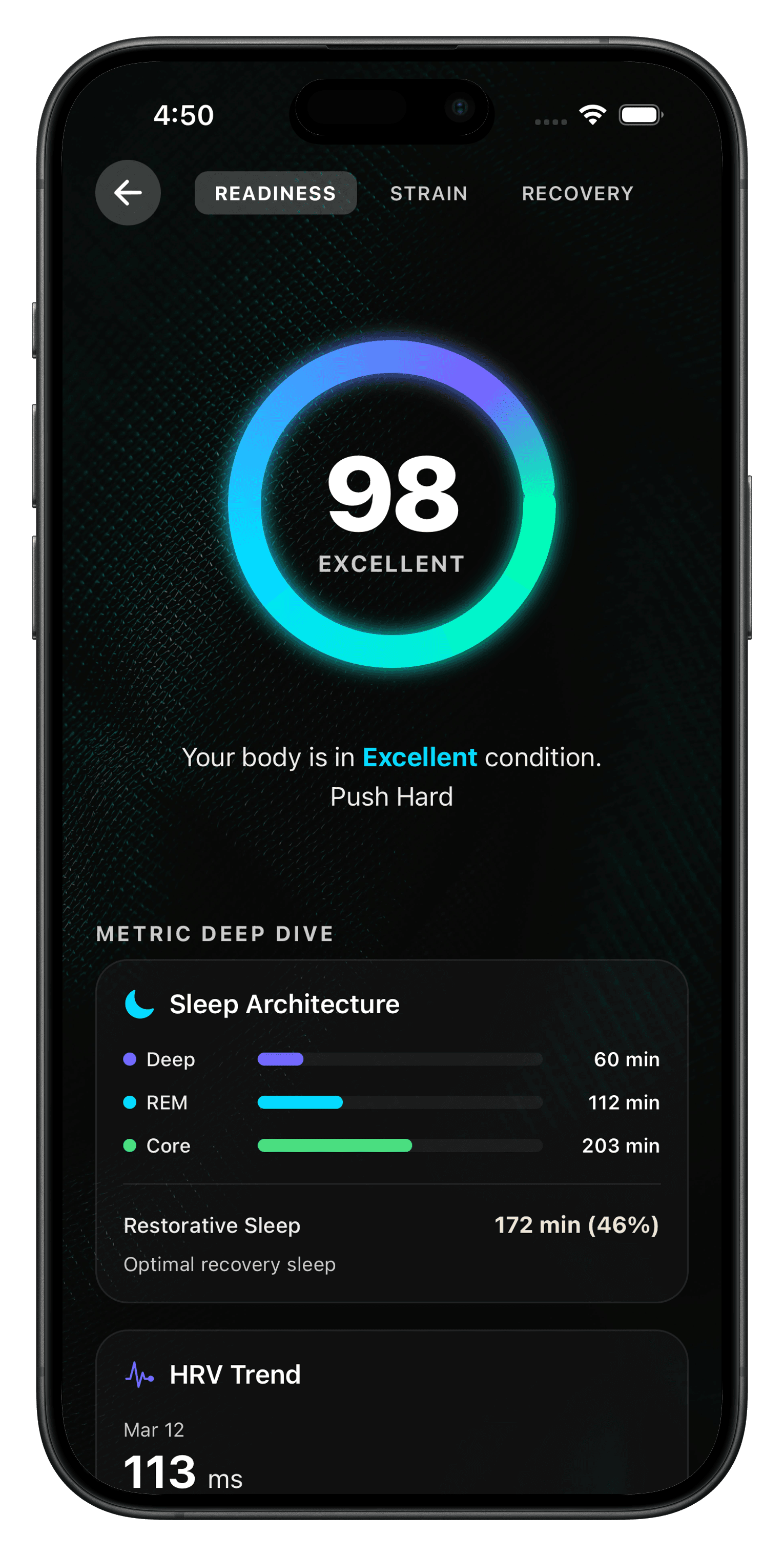 Hammr Fitness readiness, strain, and recovery dashboard